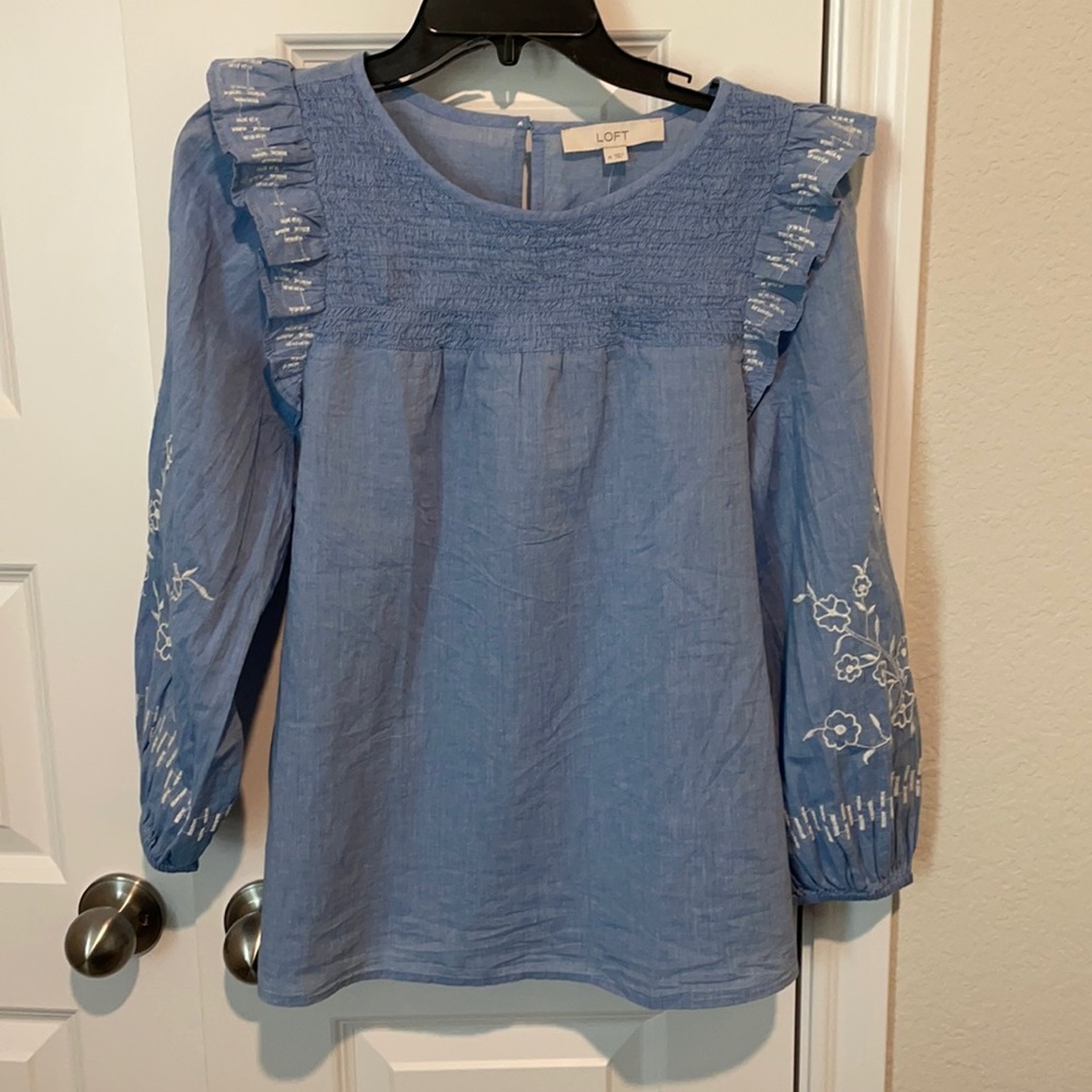 LOFT Embroidered Smocked Blouse